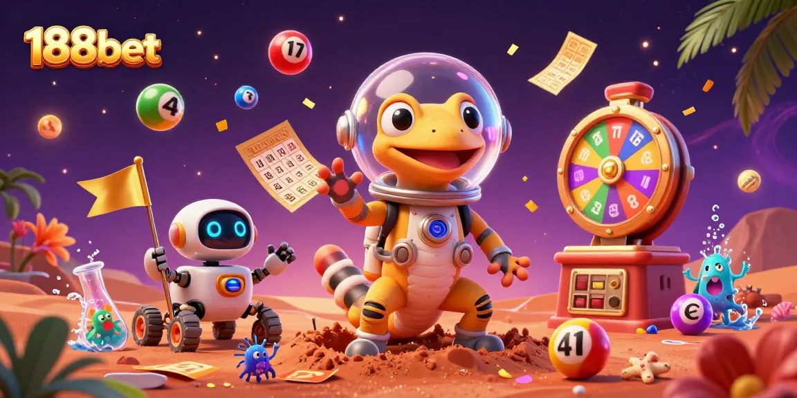 Join the fun at 188bet with a dynamic illustration of a Martian gecko and alien bacteria celebrating casino games.