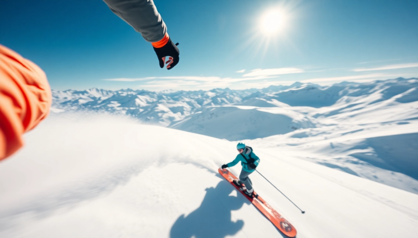 Skier with Kulkea gear expertly navigating down a snowy mountain slope.