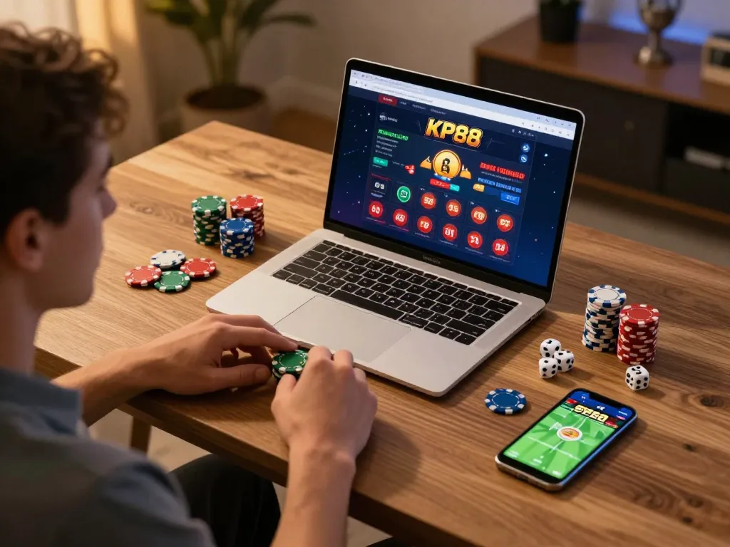 Engaging online gambler using KP88 on laptop, showcasing vibrant gaming accessories and responsible play.