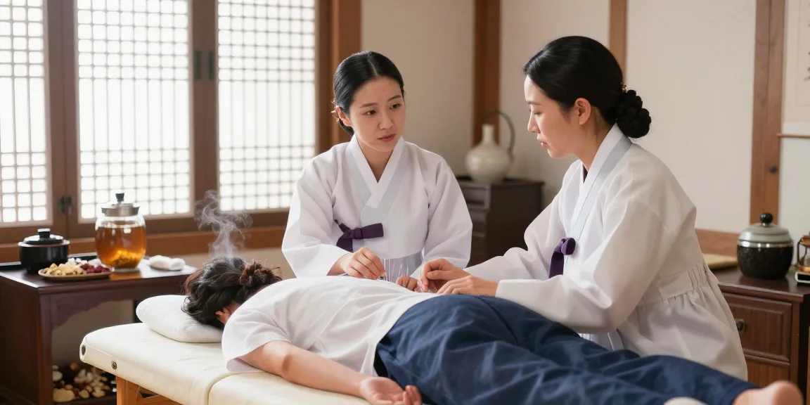 환자와 함께 있는 한의사가 있는 수원교통사고한의원에서의 치유 세션.