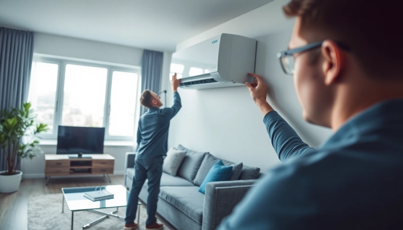 Technician installs a daikin mini split ac unit in a stylish living room setting.