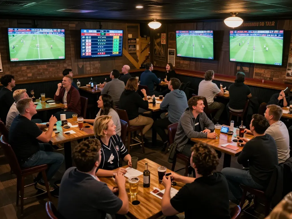 CakhiaTV users engaging in live sports betting, cheering for their favorite teams at a bustling sports bar.