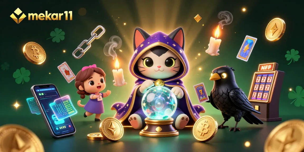 Mekar11 showcases a vibrant and detailed casino scene with a mystic cat and tarot-raven for slot guidance.