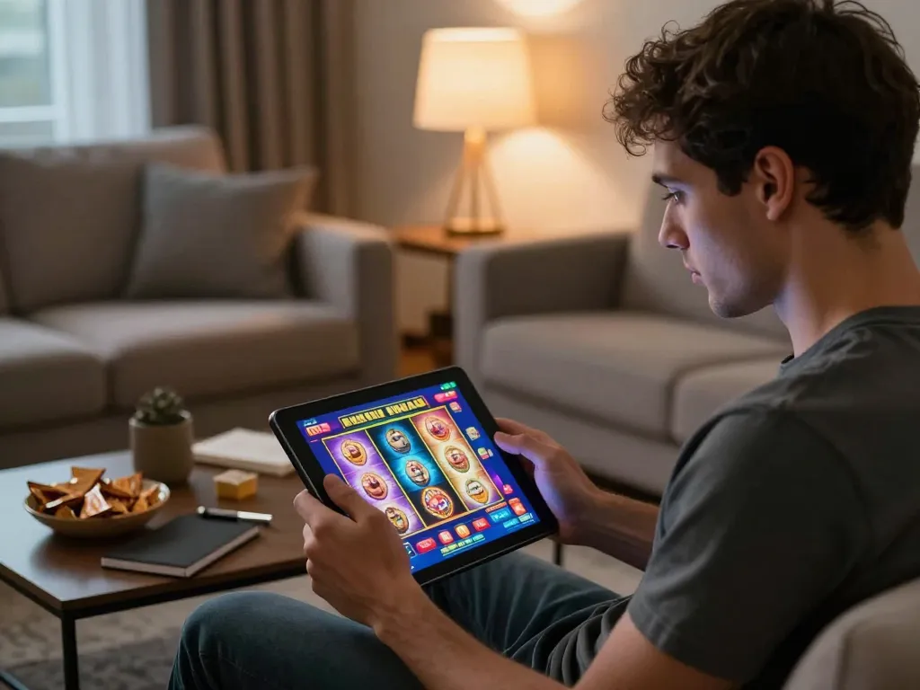 Pengguna online yang terlibat menganalisis strategi link gacor di tablet di ruang tamu yang nyaman.