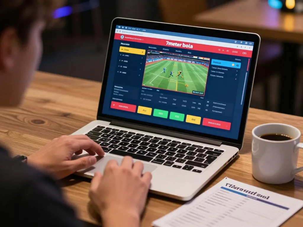 Engaging in sports betting on 7meter bola with live match interface displayed on laptop.