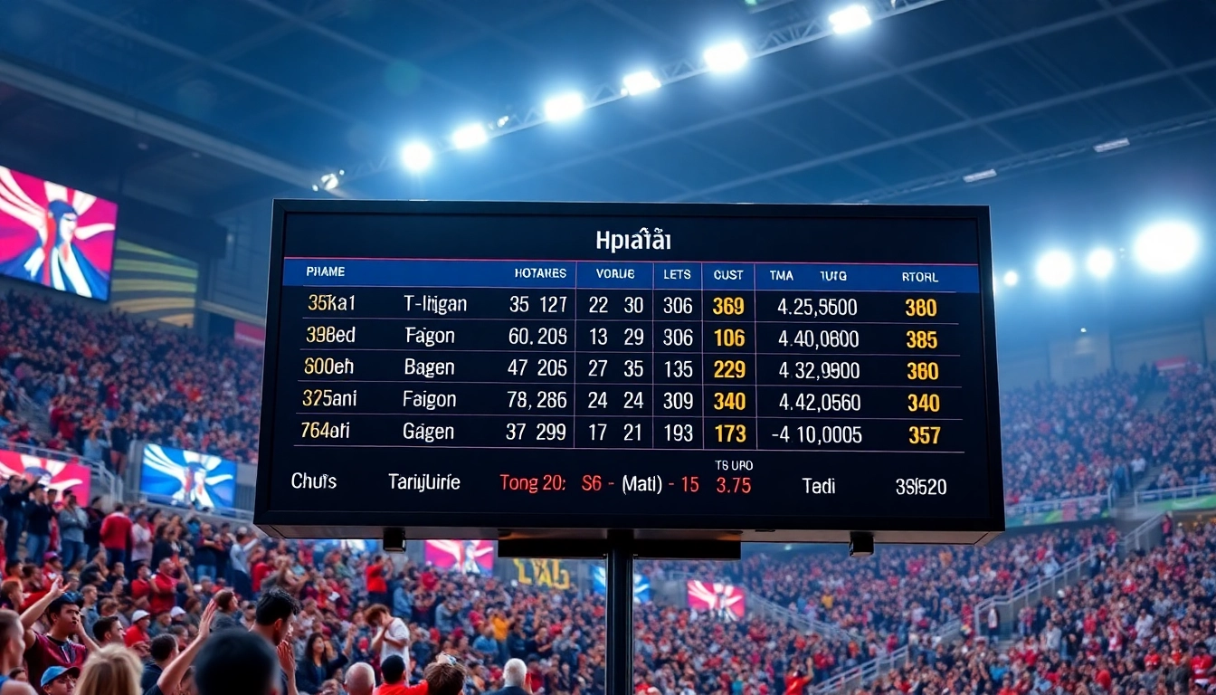 View of exciting ผลบอลภาษาไทย on a digital scoreboard in a lively stadium setting.