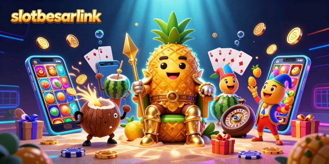 Experience slotbesarlink's vibrant gaming scene with a dynamic illustration of casino characters and game elements.