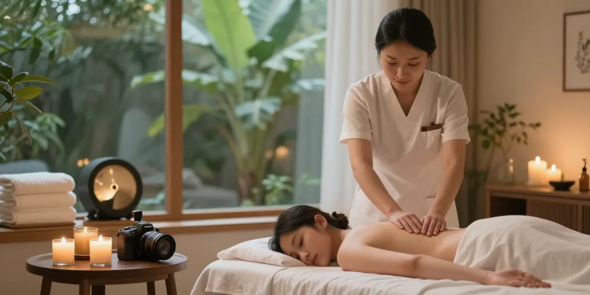 1인샵 massage therapy setup in a tranquil wellness studio with calming elements.