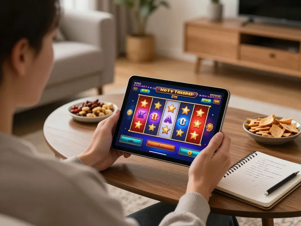 Person playing judi slot on a tablet in a cozy home setting with game strategies nearby