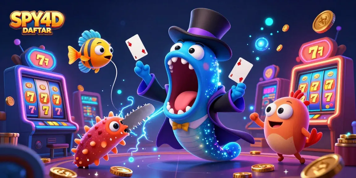 Visualisasi SPY4D DAFTAR yang memukau dengan karakter kasino kartun dan elemen perjudian yang dinamis.