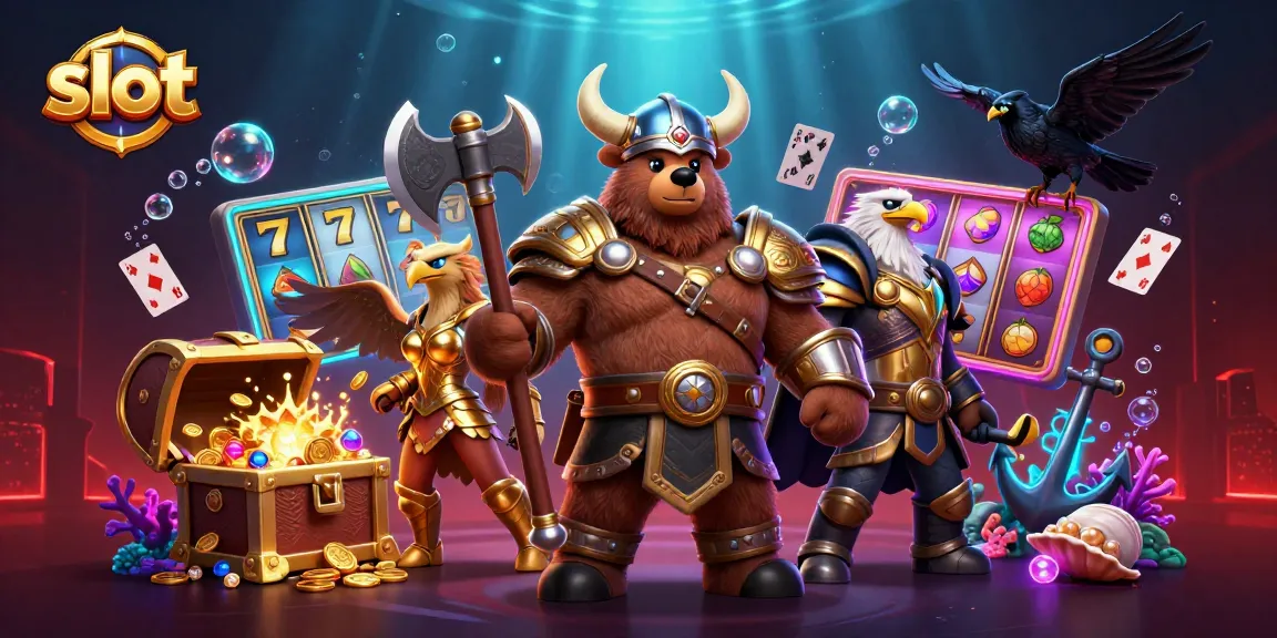 Engage with vibrant slot reels, Viking characters, and treasure in this dynamic casino scene.