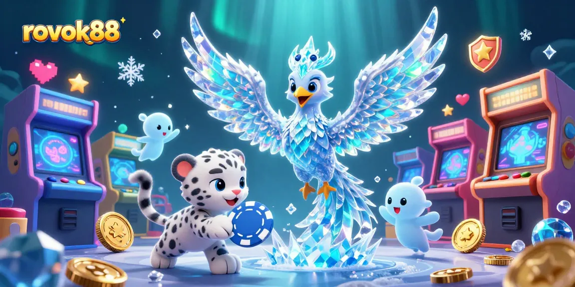 Experience the enchanting rokok88 gaming realm with ice phoenix and snow leopard in a vibrant 3D casino world.