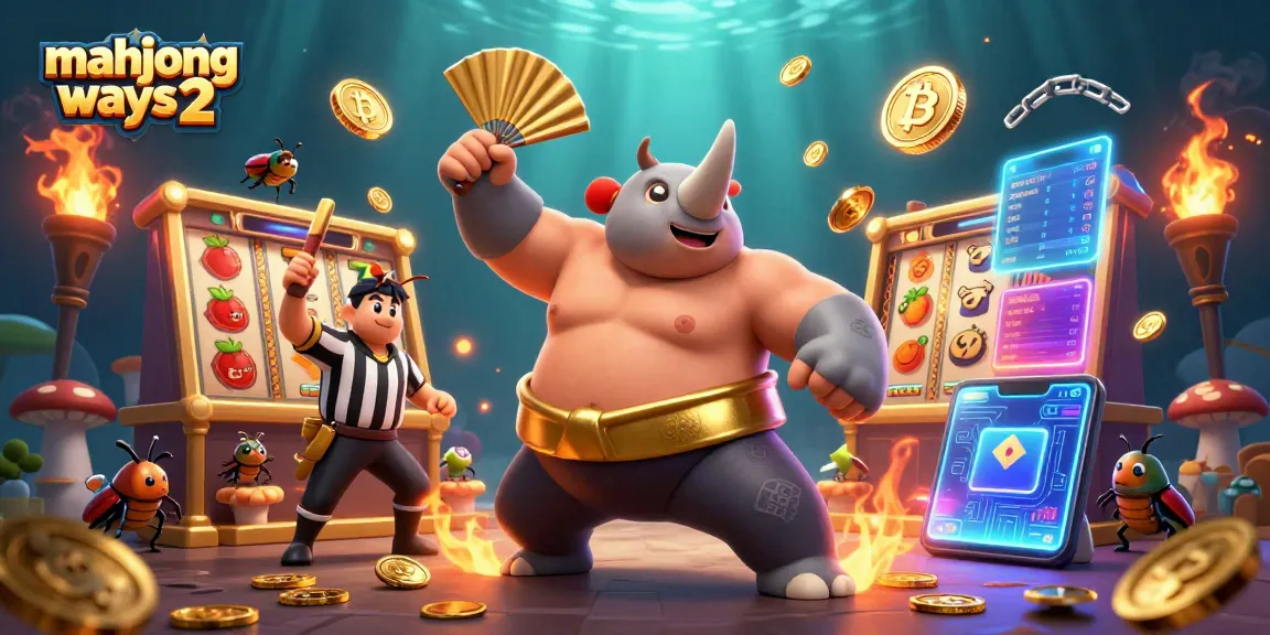 Experience mahjong ways 2 with a cartoon sumo beetle champion in a vibrant casino scene filled with slot elements.