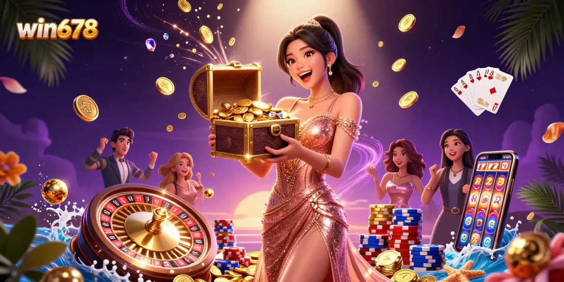 Experience the thrill of winning at win678 casino with stunning 3D treasures, vibrant casino elements, and joyful excitement.