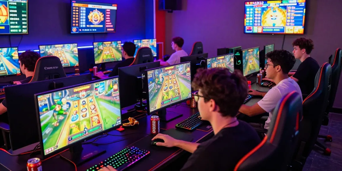 Diverse players enjoying the Spaceman slot game in a vibrant gaming lounge, showcasing excitement and modern gaming setups.