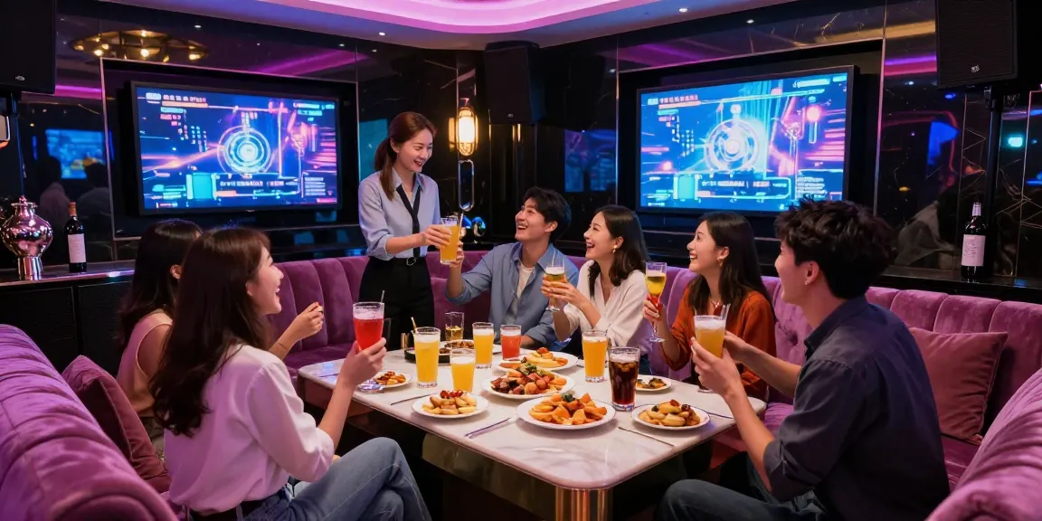 Diverse group enjoying a night at 강남가라오케 with luxury decor and vibrant atmosphere.