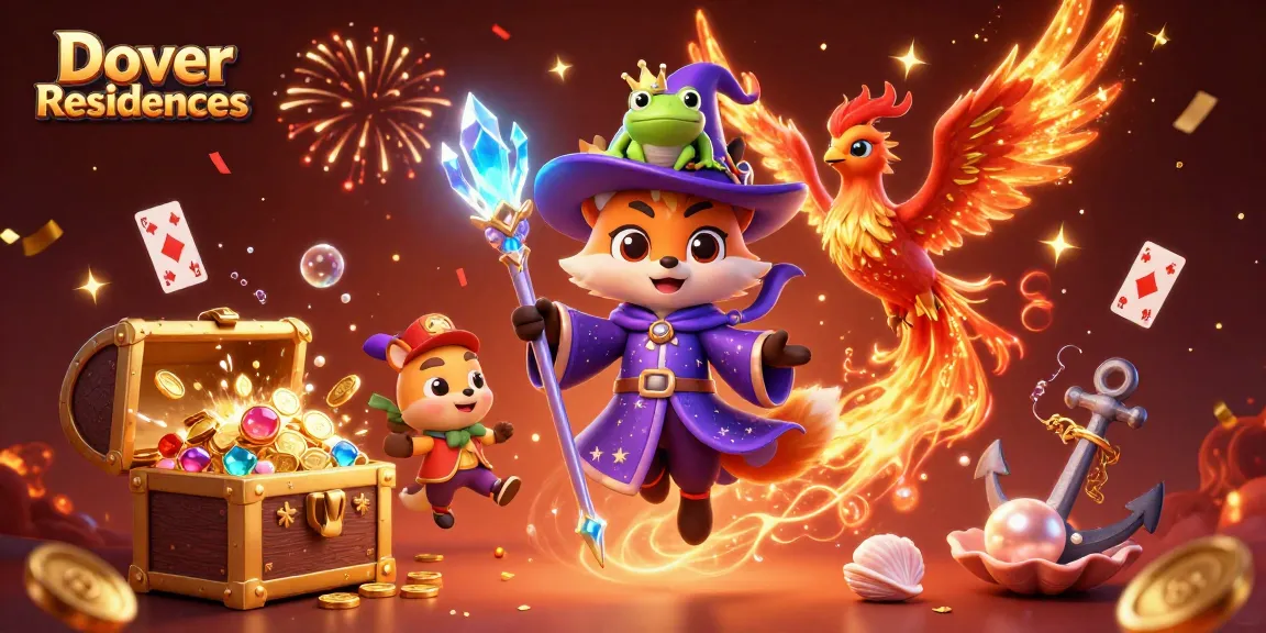Dover Residences casino scene featuring a wizard fox, phoenix, and enchanted frog amidst gold coins and playing cards.