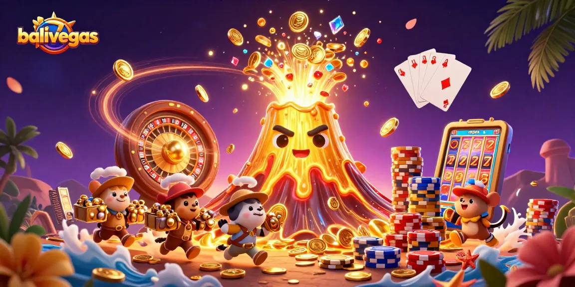 Win big with balivegas as a golden volcano erupts coins and treasures in this vibrant gaming scene.