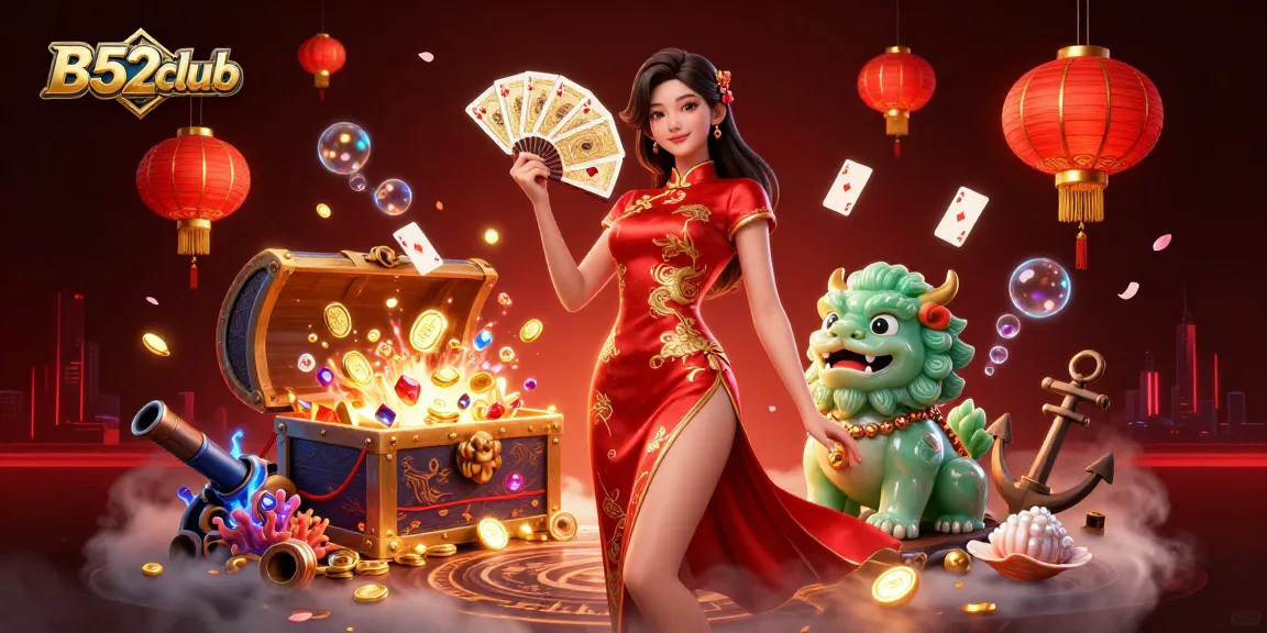 B52club's vibrant casino scene features a woman in a crimson qipao winning with playing cards.