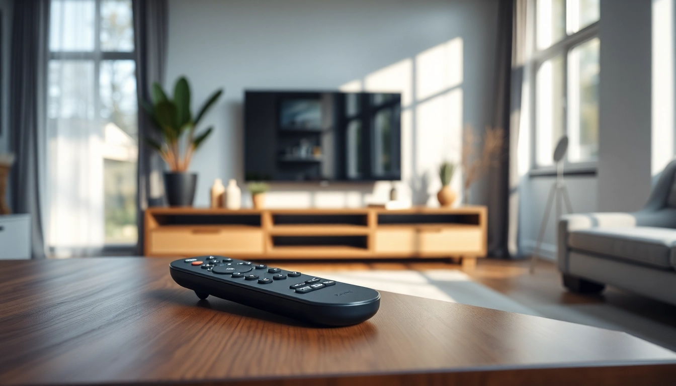 Bedienung der Ersatz Fernbedienung Panasonic auf einem modernen TV-Konsole in einem stilvollen Wohnzimmer.