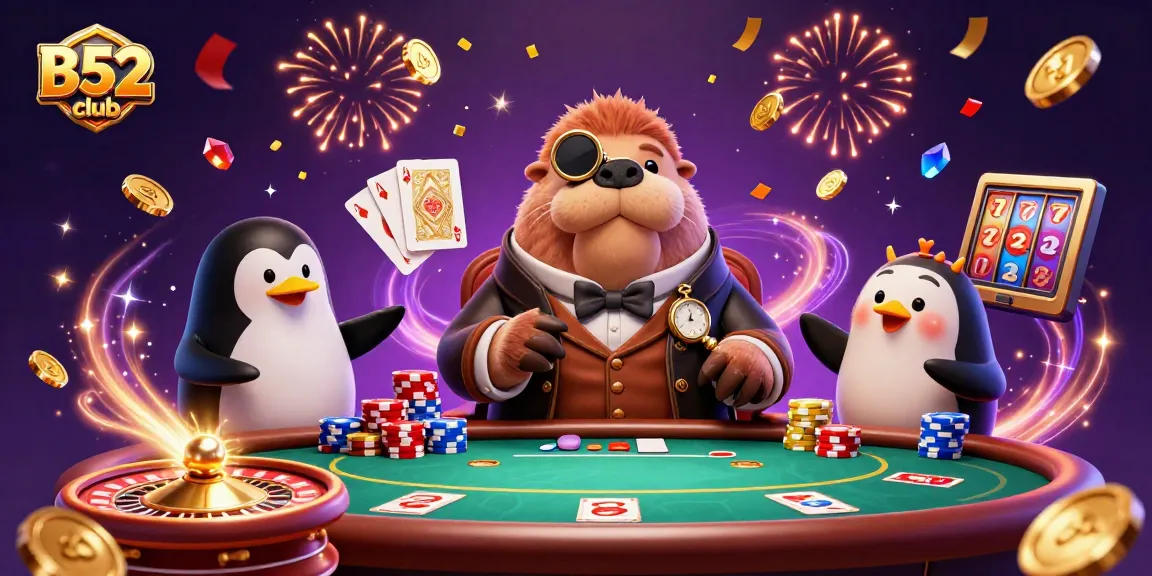 Players win at B52club with a dynamic card game scene featuring cartoon characters in a casino setting.
