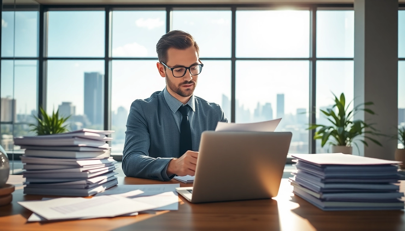 Consultant analyzing Federal and State contracts and grants proposals in a bright office.