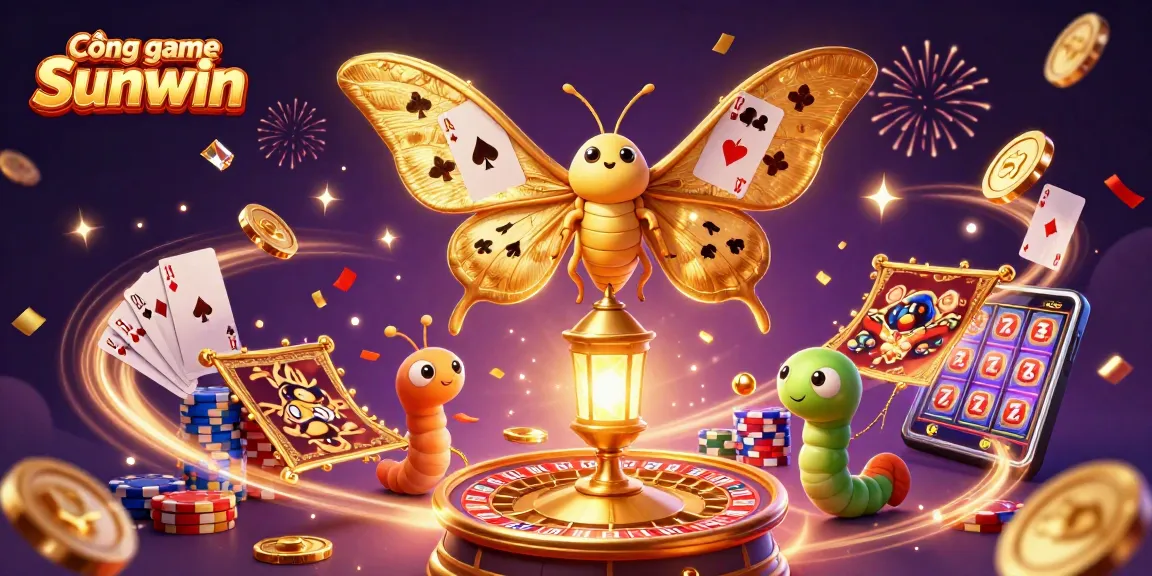 Cascading golden coins and sparkling gems highlight the Cổng game Sunwin's vibrant casino experience with an atlas moth and silk worms weaving golden threads.