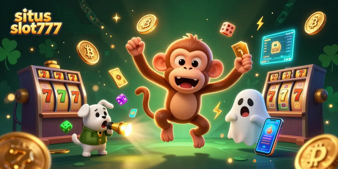 Permainan menarik di situs slot777 dengan koin emas dan simbol slot mengelilingi karakter lucu.