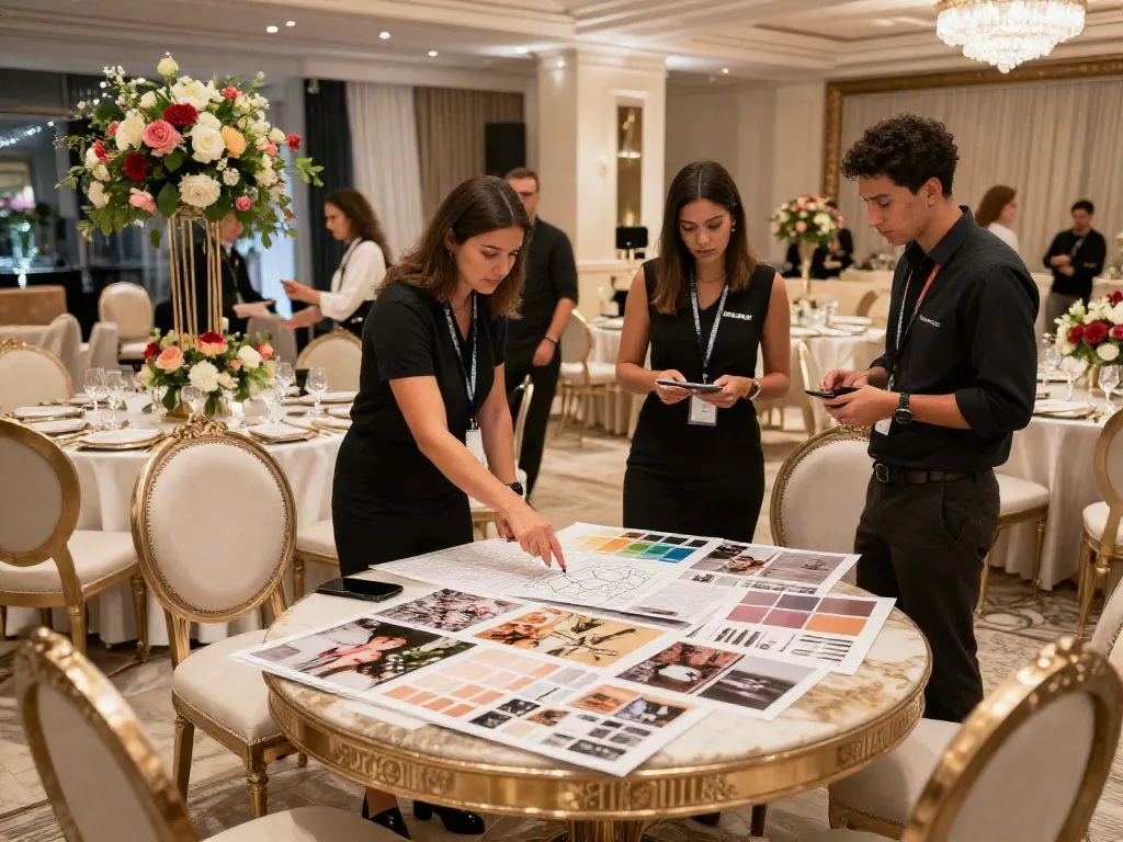 Event furniture rental setup in sophisticated venue, showcasing stylish chairs and tables in elegant planning scene.