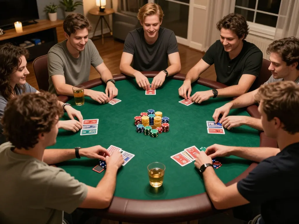 Players enjoying apk gacor online poker in a cozy home setting, capturing excitement and social interaction.