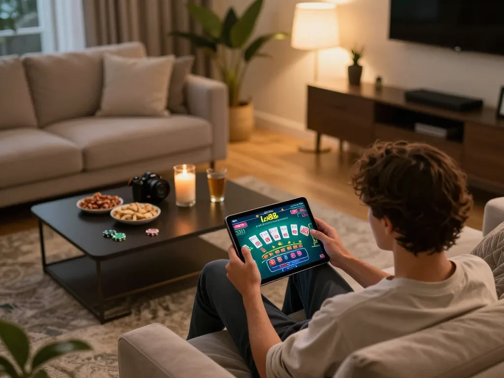 Playing lc88 blackjack on a tablet in a cozy home environment with warm lighting