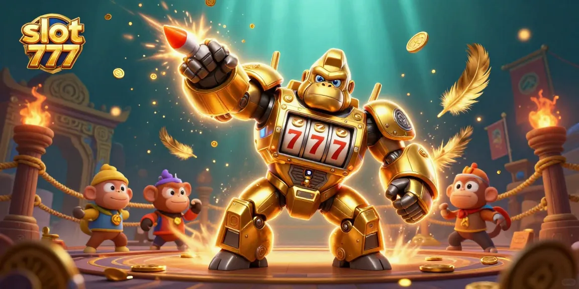 Experience the excitement of slot 777 with a golden gorilla mech in a dynamic casino setting.