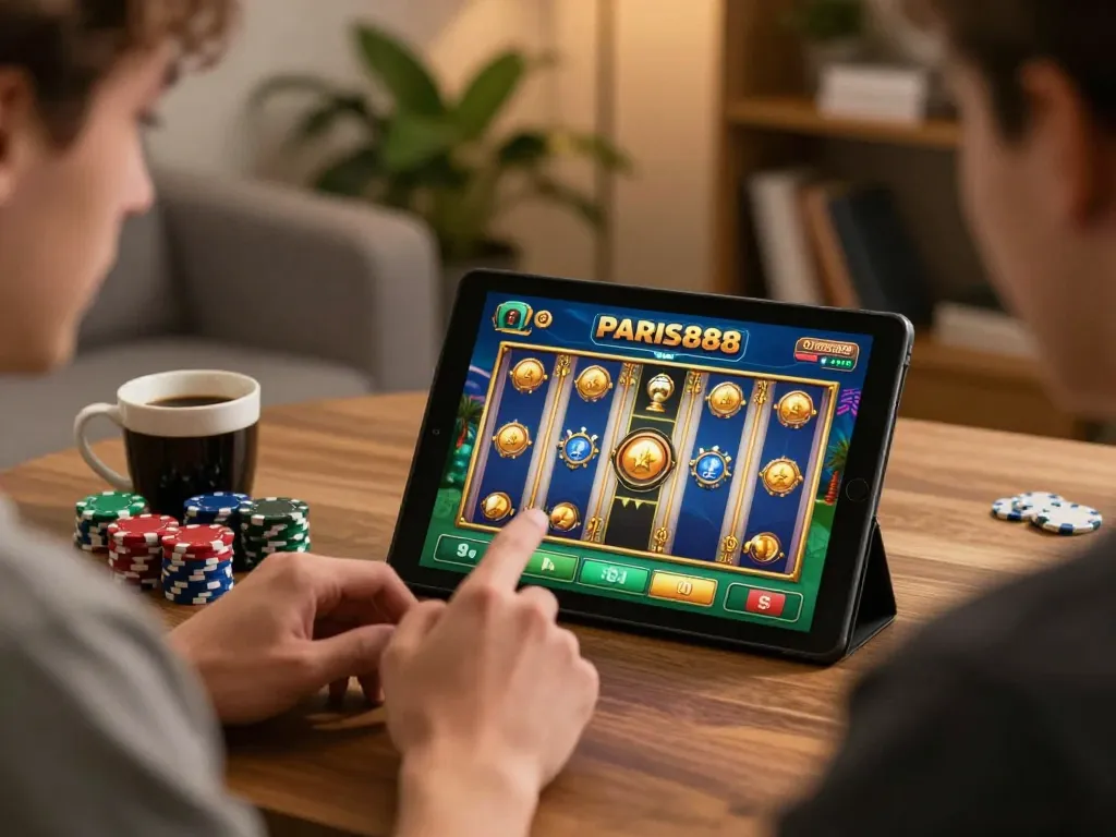 Engaging moment of online gaming with Paris888 slot interface on tablet in cozy home setting.