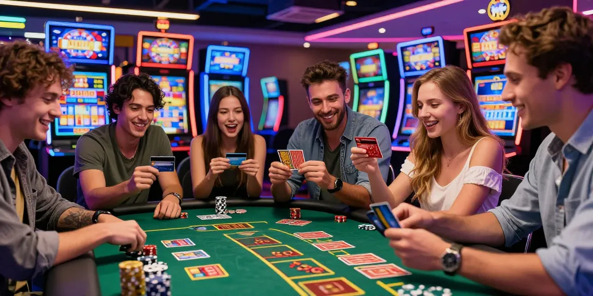 Exciting credit card casino scene with friends around a gaming table, vibrant neon lights and slot machines in the background.