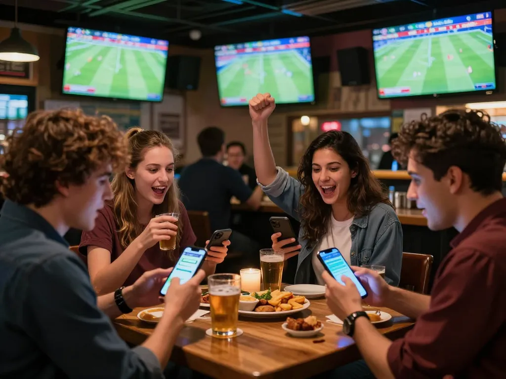 Spectators engaged in sports betting action using betting apps while watching live matches at a lively sports bar, emphasizing soi keo nha cai.