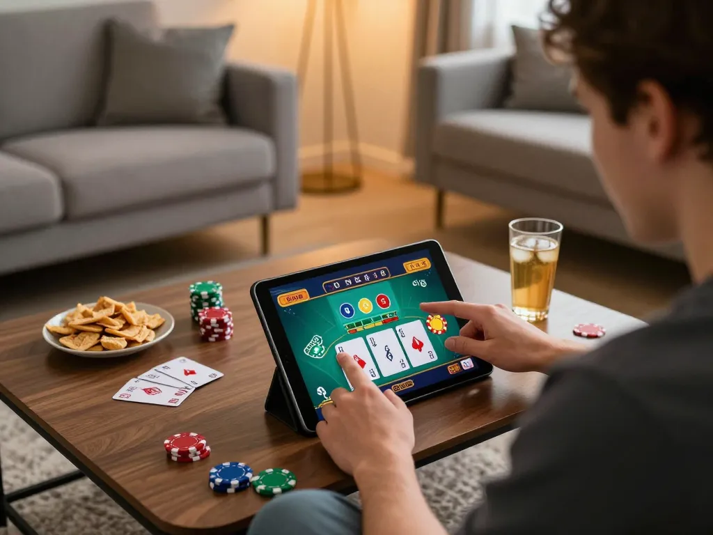 Engaging with the qq88 online gaming table while enjoying a cozy home environment.