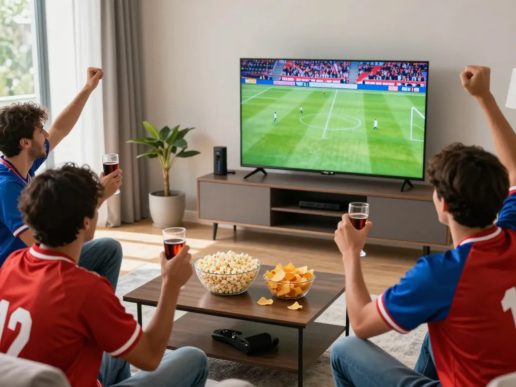 Excited friends watching Cakhiatv24h.com football match live in a cozy setting.