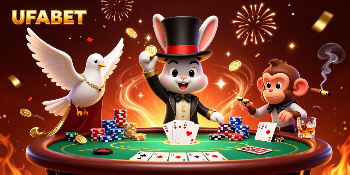 Experience the thrill of UFABET with vibrant characters, dynamic poker elements, and a festive casino atmosphere.