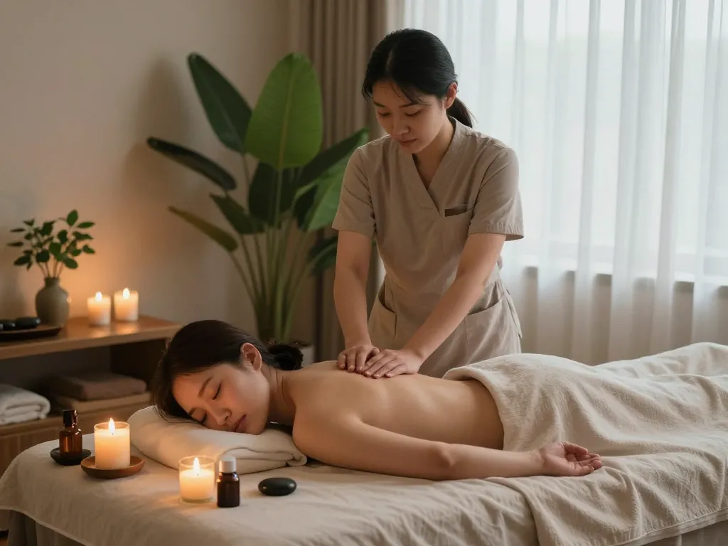 차분한 분위기와 편안한 요소가 있는 조용한 스파에서의 relaxing 논현동마사지 장면.