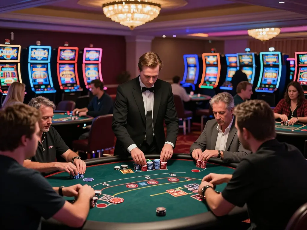 An energetic casino scene featuring mm88pc poker games with enthusiastic players and vibrant slot machines.