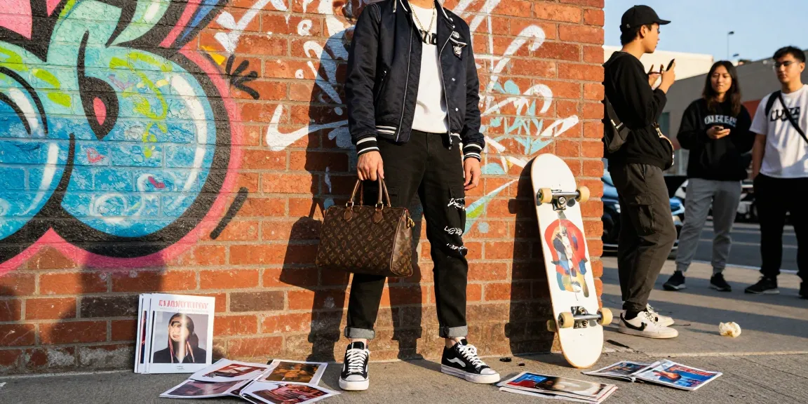 Fashionable individual showcasing 명품 레플리카 in urban setting, vibrant graffiti backdrop, stylish outfit.