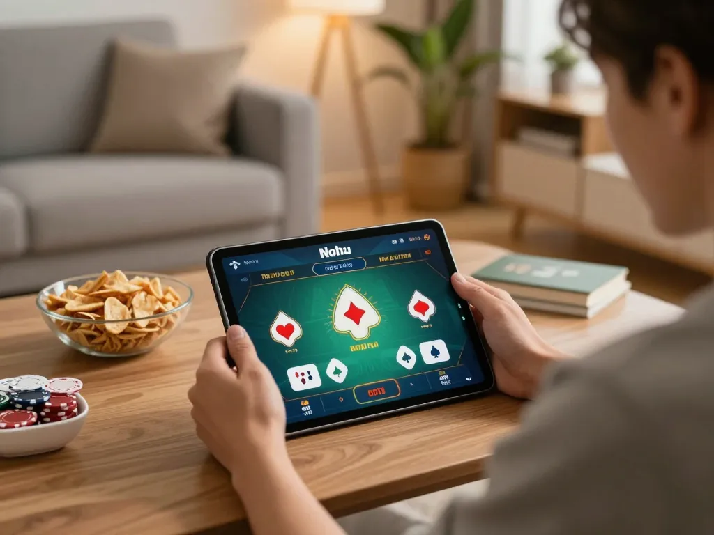 Nohu online gambling experience with player strategizing on tablet in cozy home setting