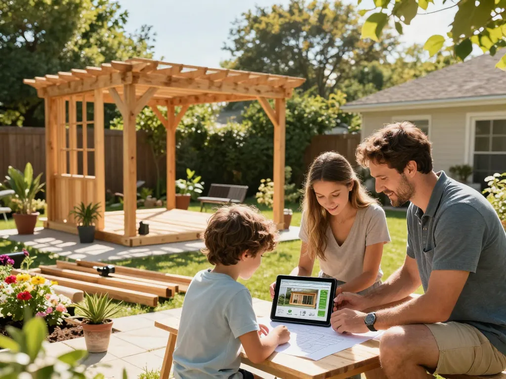 Family using a custom pergola configurator to design an outdoor pergola in a sunny backyard.