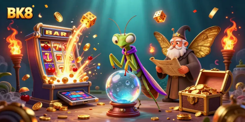 Experience the thrill of BK8 with vibrant casino gaming elements and dynamic characters in a mystical setting.