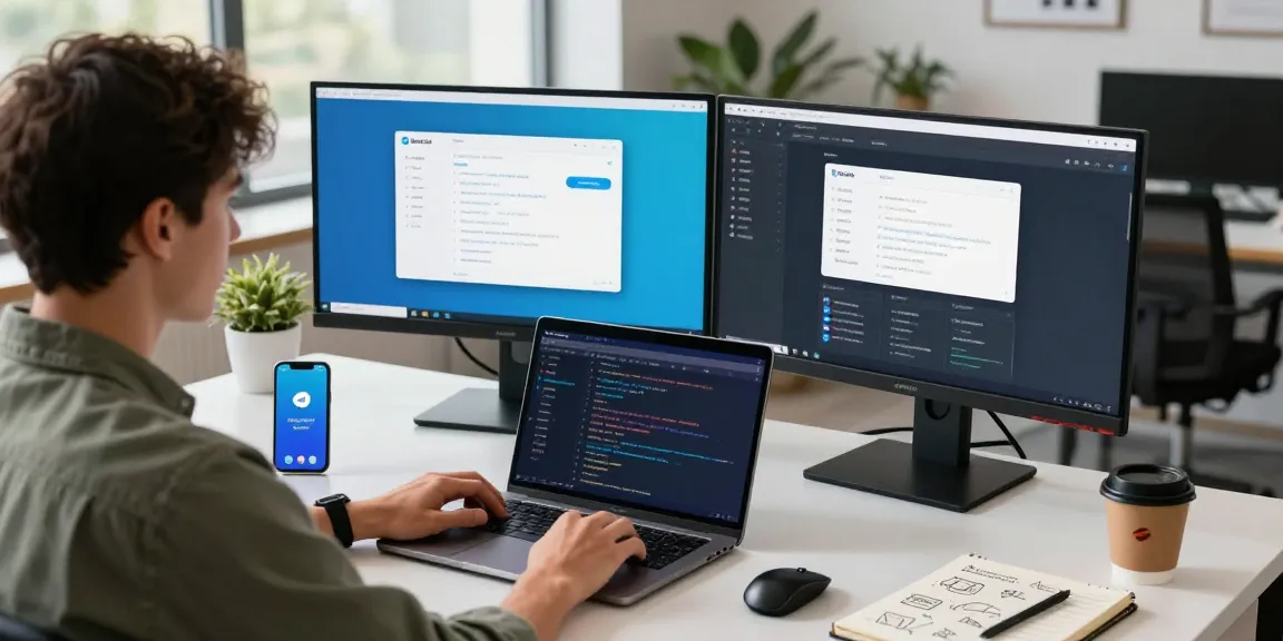Customizing telegram中文版 settings at a modern workspace with dual monitors and tech gadgets.