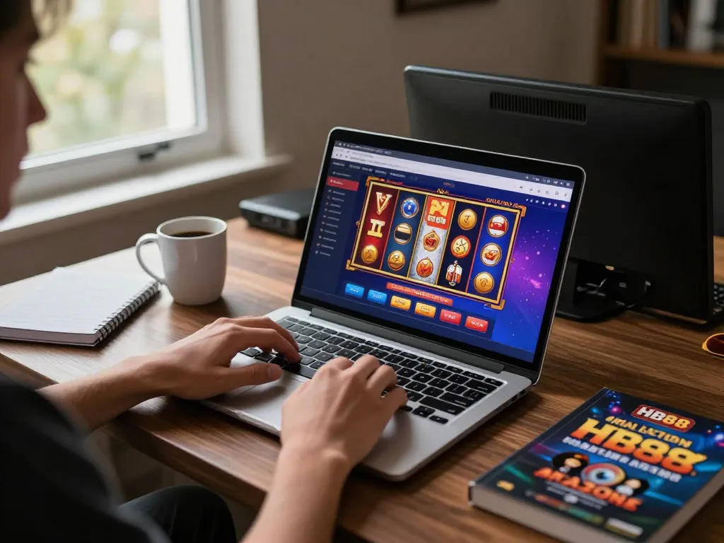 Engaging in online casino gaming at HB88 with vibrant slot graphics on screen