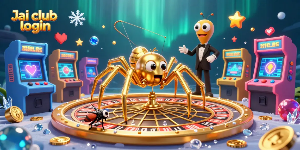 Engage in exciting games on Jai club login featuring a whimsical golden spider, vibrant arcade elements, and gambling visuals.