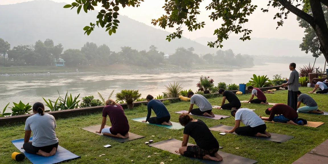 Peaceful outdoor yoga session at an Ayurveda wellness retreat in Rishikesh India, surrounded by lush nature.