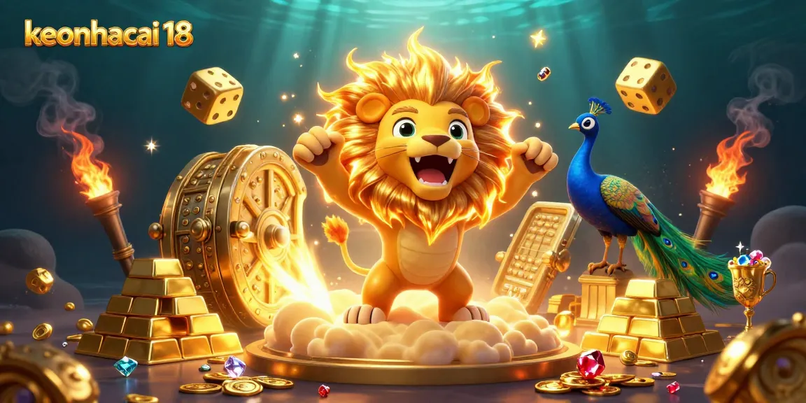 Experience the excitement of keonhacai 18 with vibrant visuals of a roaring sun lion, golden dice, and treasure galore.