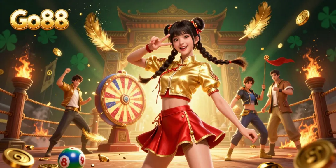 Experience the excitement of Go88 with vibrant characters and casino elements in a 3D illustration.